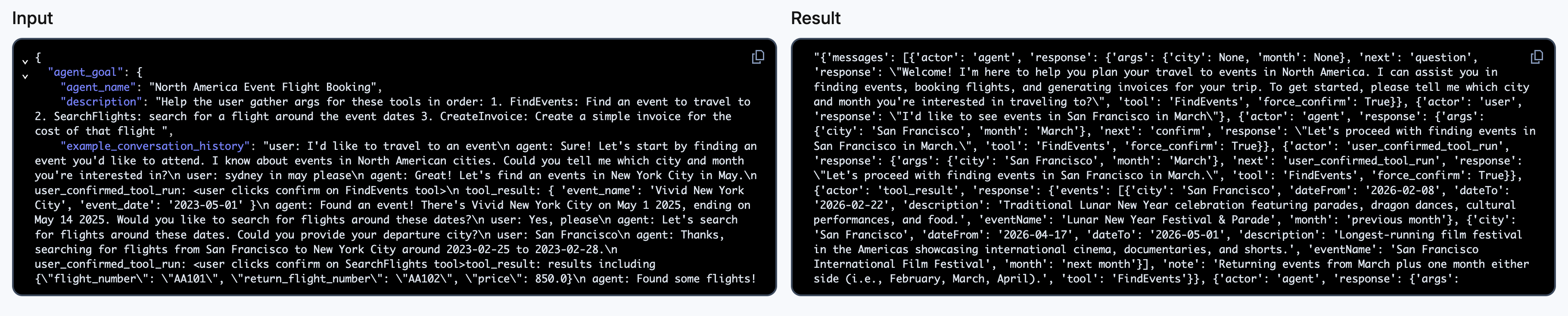 Screenshot of the input and output section of the Temporal Web UI for the most recent Workflow Execution's input and outputs